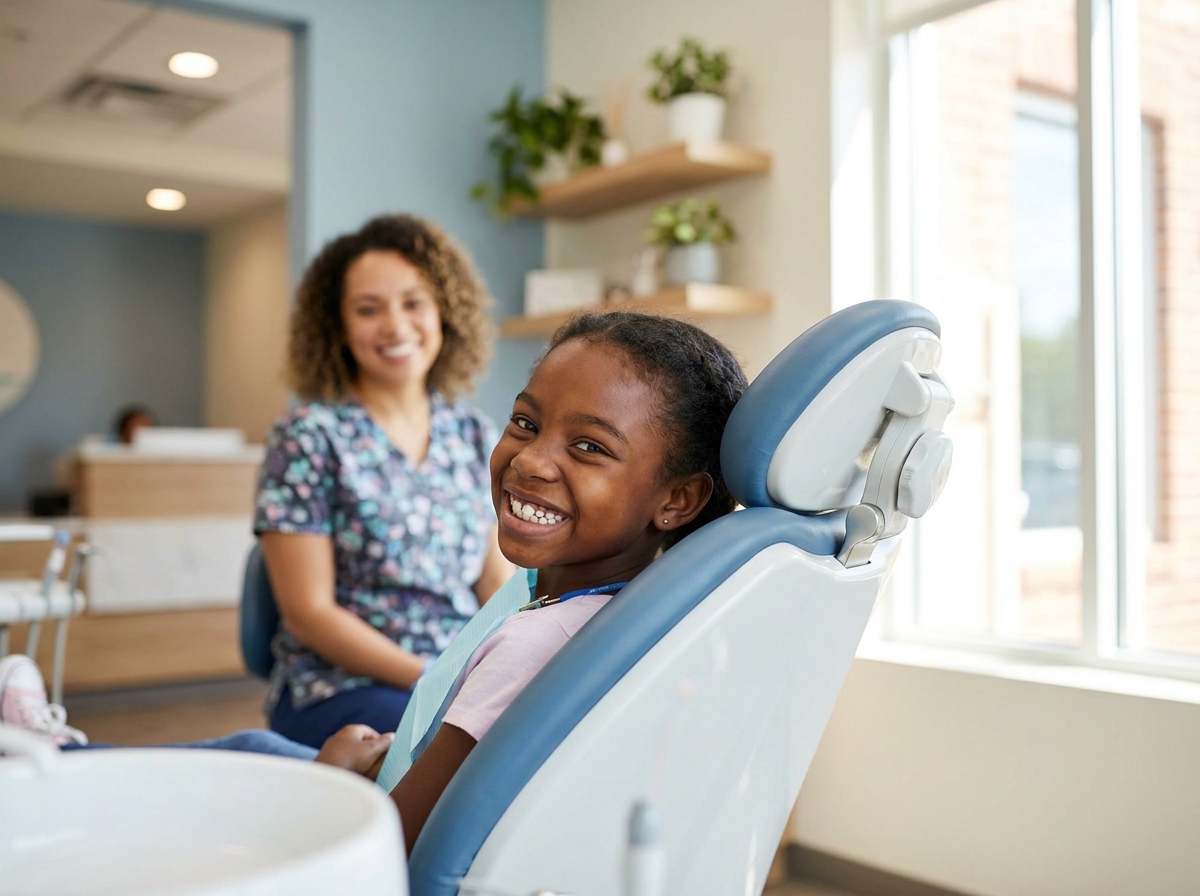 A young girl grinning in a pediatric dental room