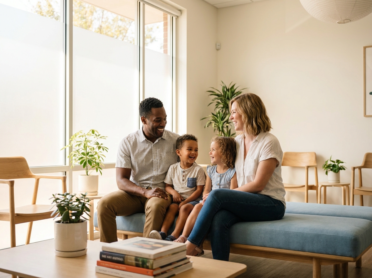 A family smiling together in a bright clinic waiting room