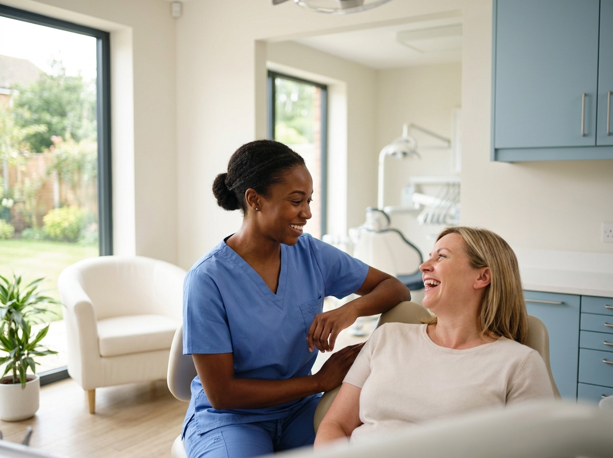 A dental hygienist smiling with a patient