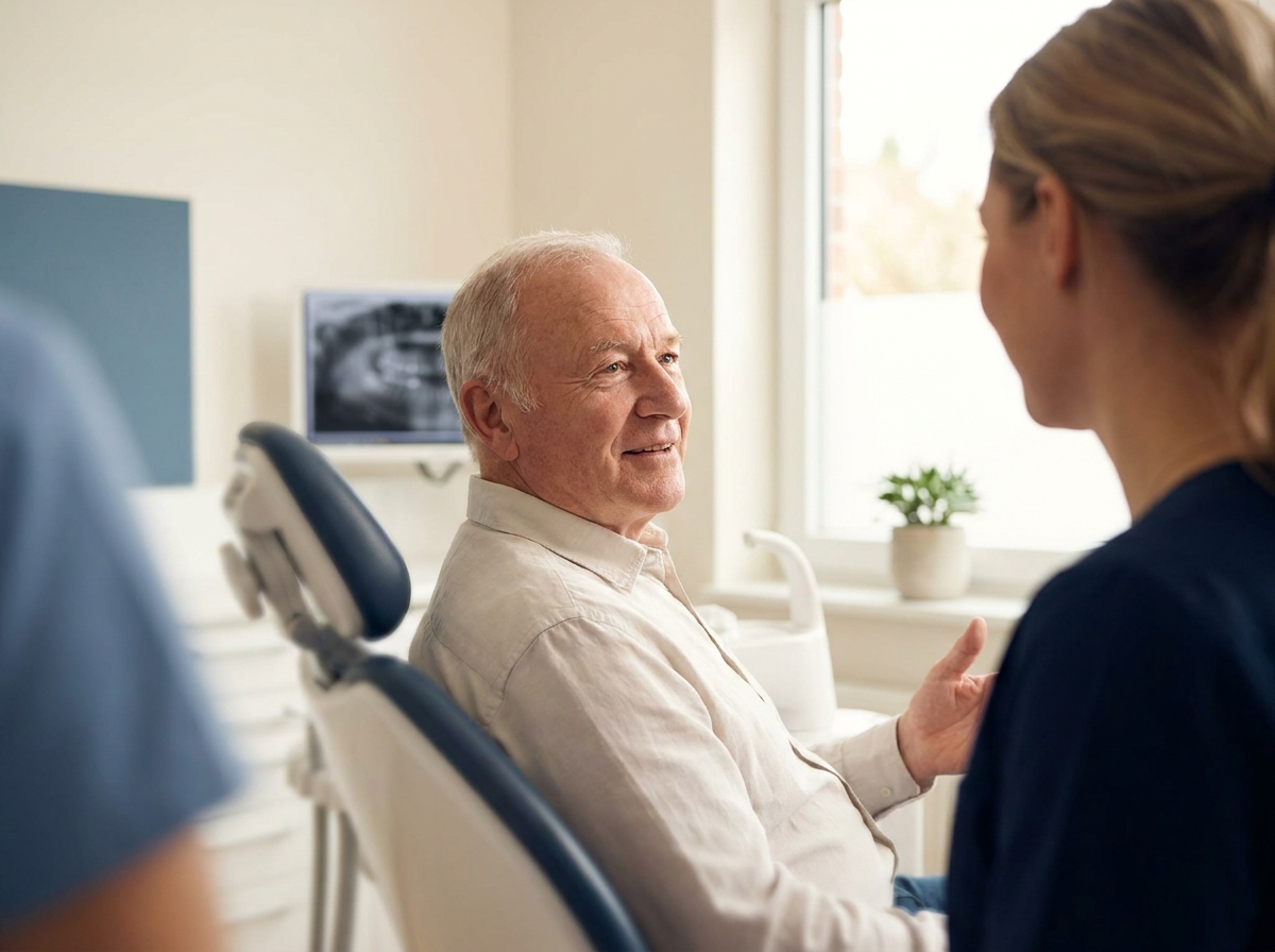 An older man smiling during a dental consultation